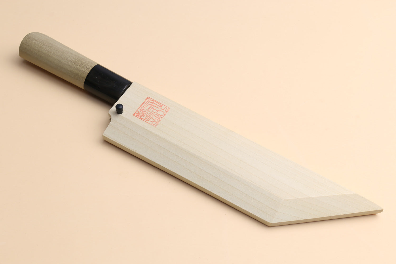 Edosaki eel filet knife with light wood sheath and black handle collar