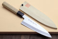 Fish fillet chef knife with light wood handle, dark bolster, and silver blade