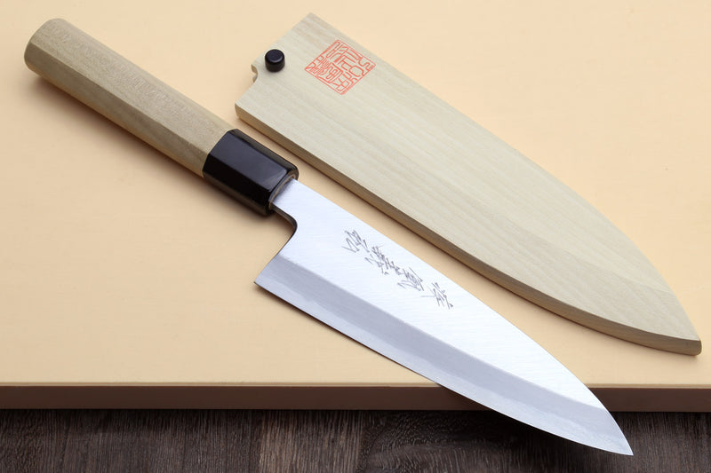 Fish fillet chef knife with light wood handle, dark bolster, and silver blade