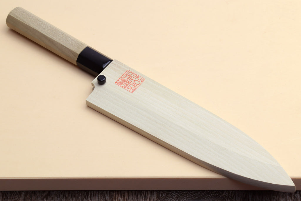 Fish fillet chef knife with light wood handle, dark bolster, and long silver blade