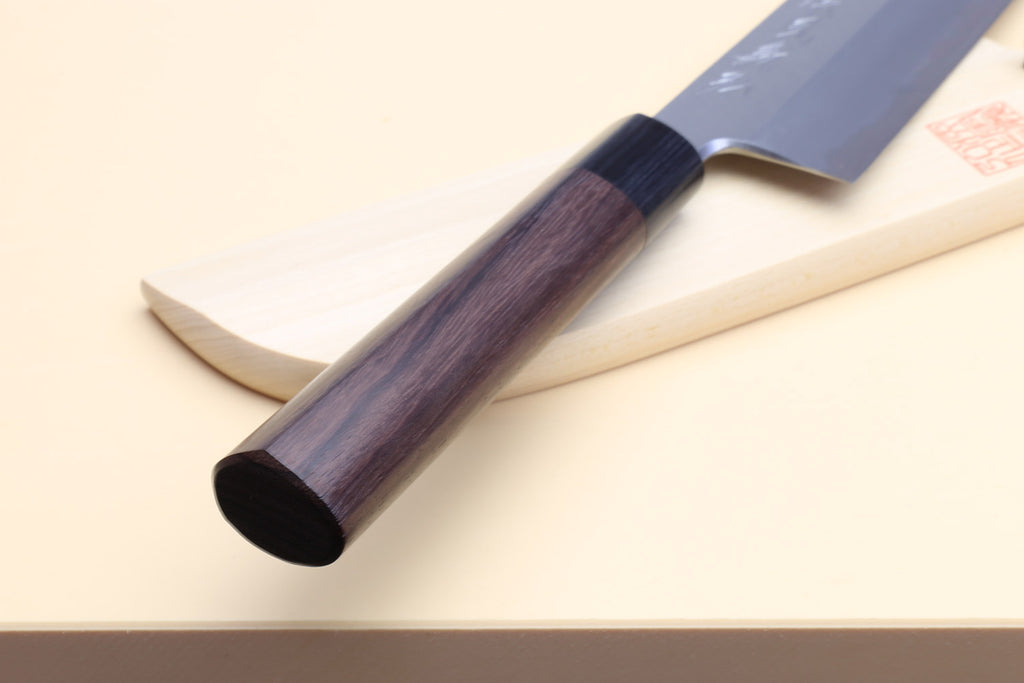 Japanese vegetable chef knife with curved blade and dark rosewood handle
