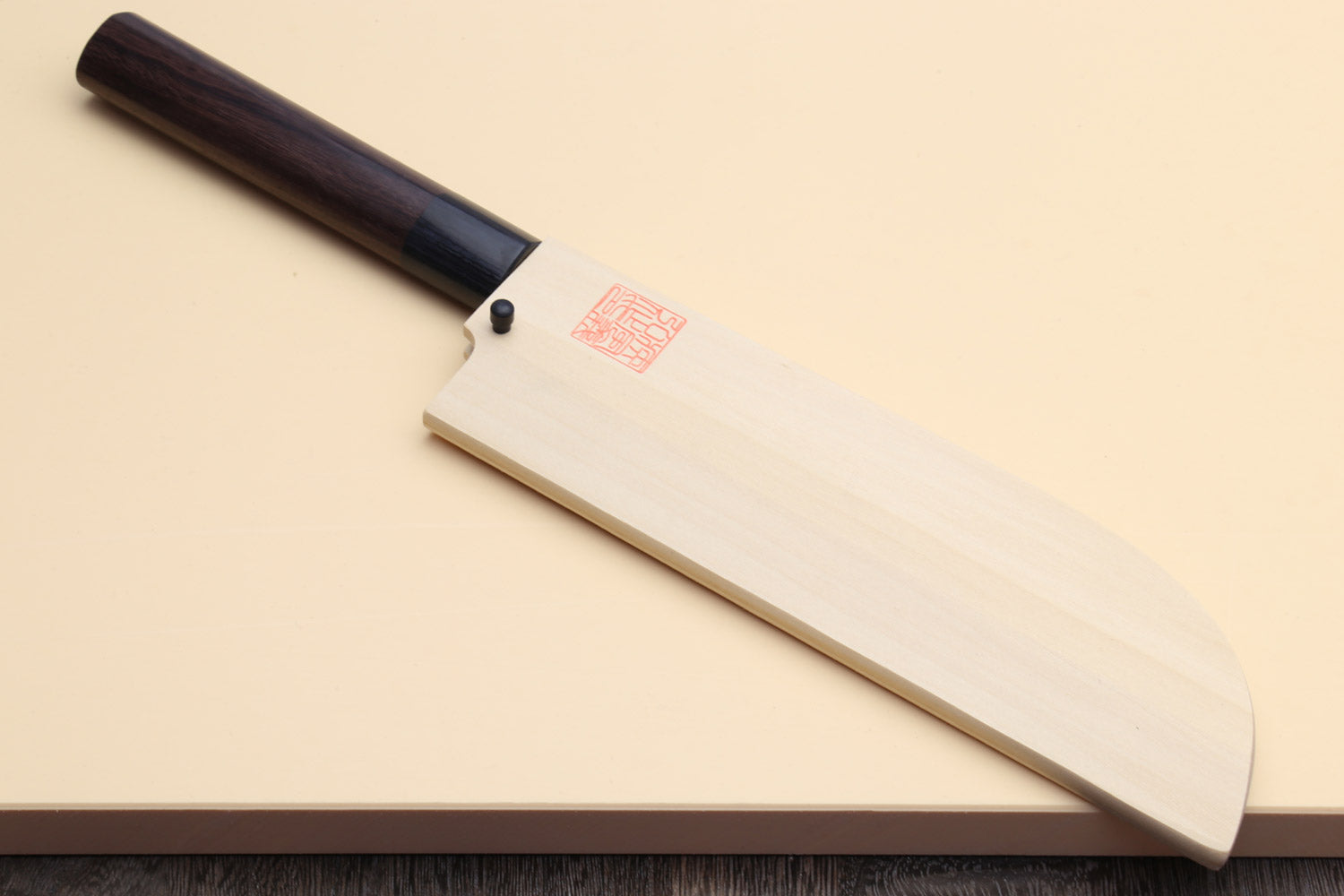 Japanese vegetable chef knife with curved blade and rosewood handle, with saya