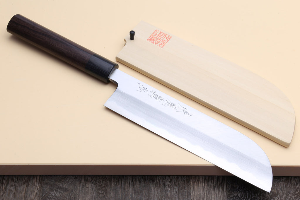 Japanese vegetable chef knife with curved blade and wooden saya sheath