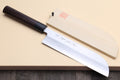 Japanese vegetable chef knife with curved blade and wooden saya sheath