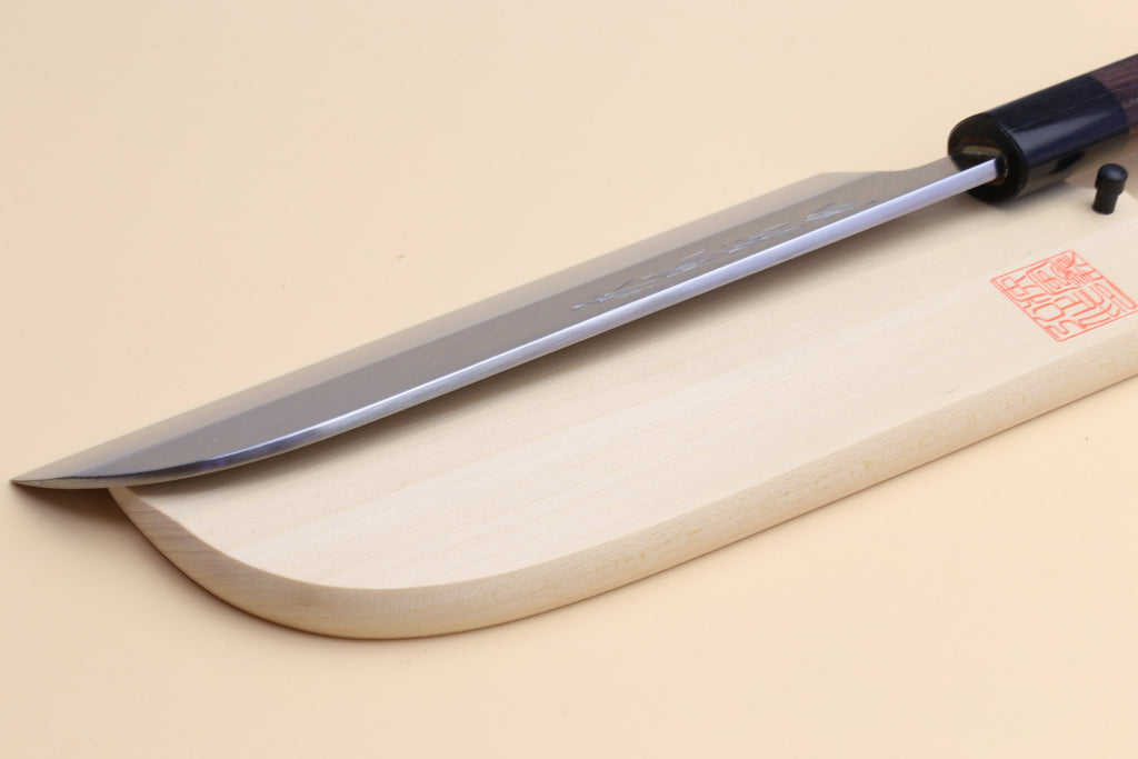 Japanese vegetable chef knife with curved steel blade and rosewood handle