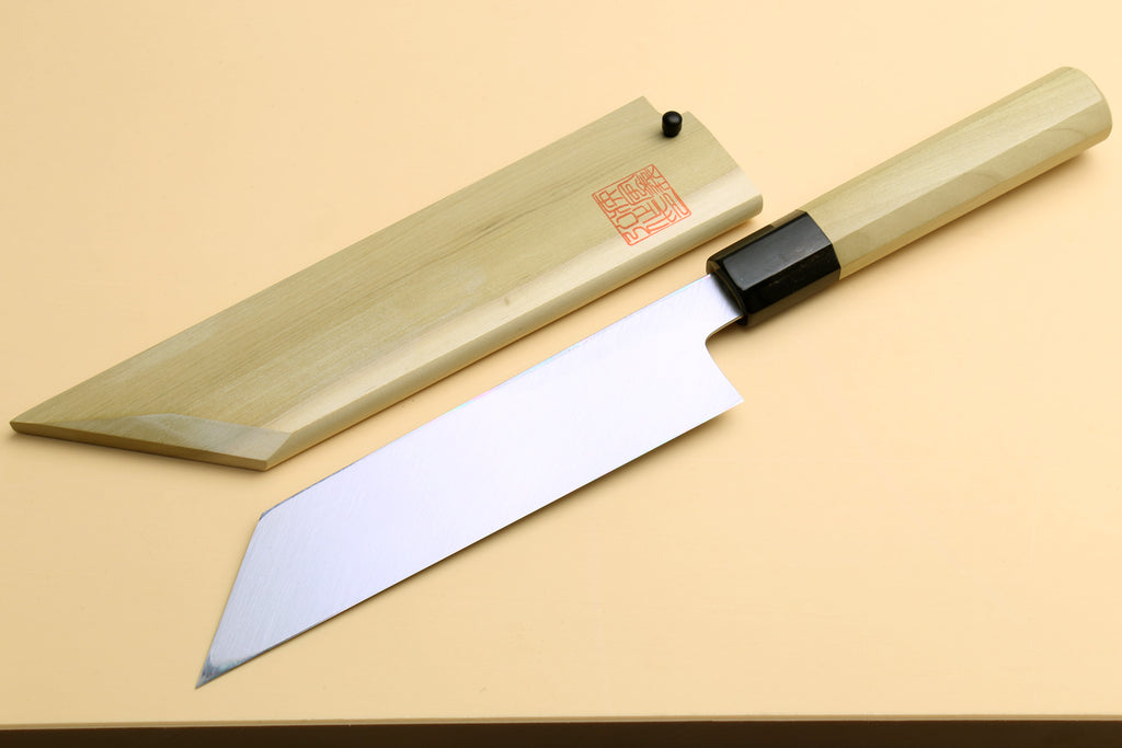 Japanese vegetable chef knife angled view, pale wood handle and black collar