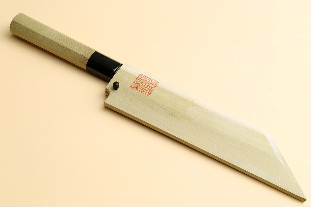 Japanese vegetable chef knife top view, pale wood handle, black collar, white steel blade