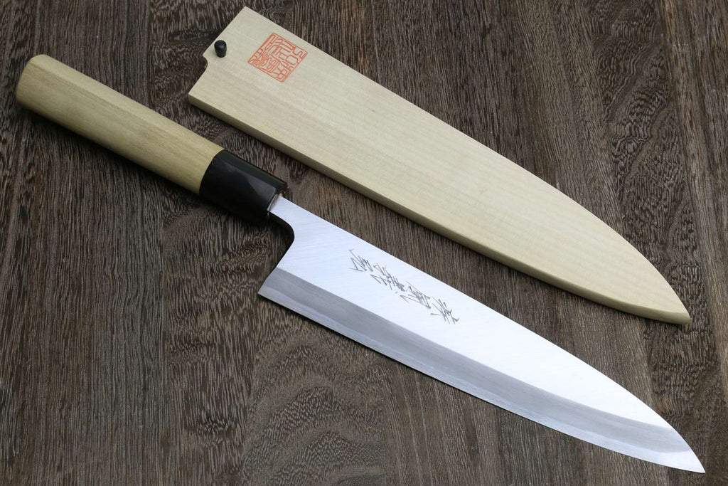 Sashimi filet knife with light wood handle, silver blade, and black bolster