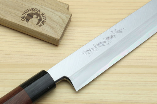 Japanese yanagi knife with blade markings and dark rosewood handle