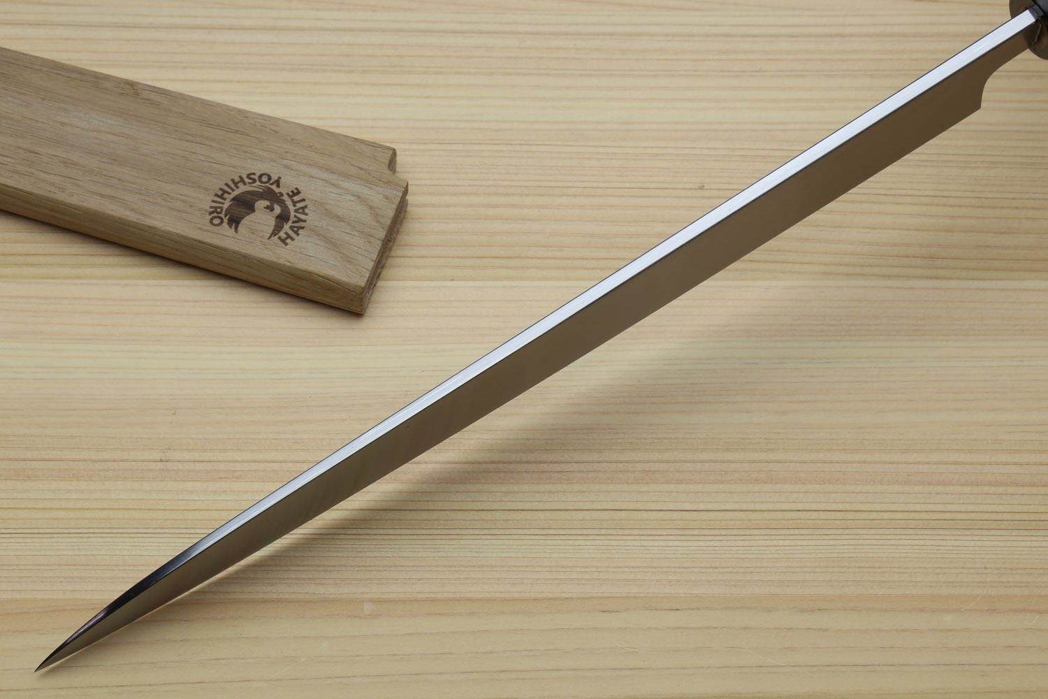 Japanese yanagi knife with rosewood handle and wooden storage saya