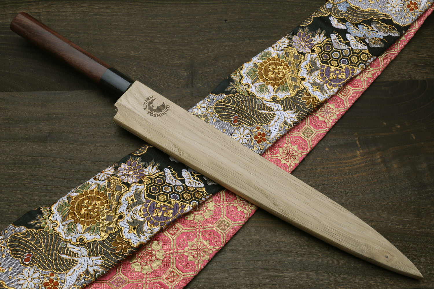 Yanagi sushi knife with rosewood handle and wooden saya