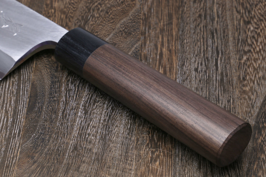 Left-handed deba fish fillet knife, dark shitan handle and white blade side