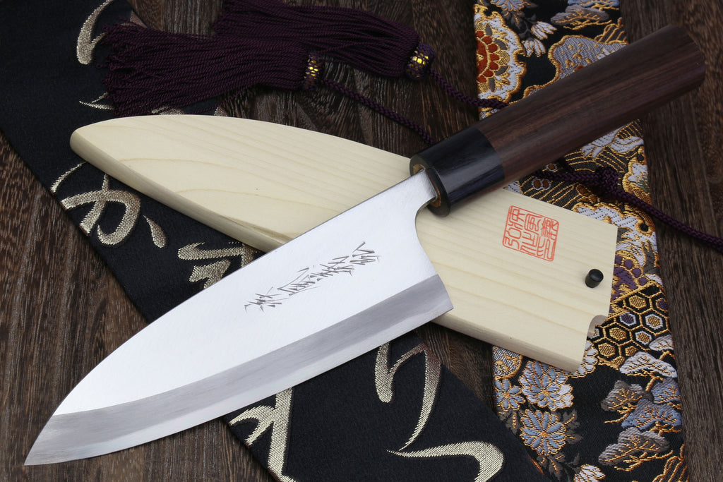 Left-handed deba fish fillet knife, white blade with dark shitan handle