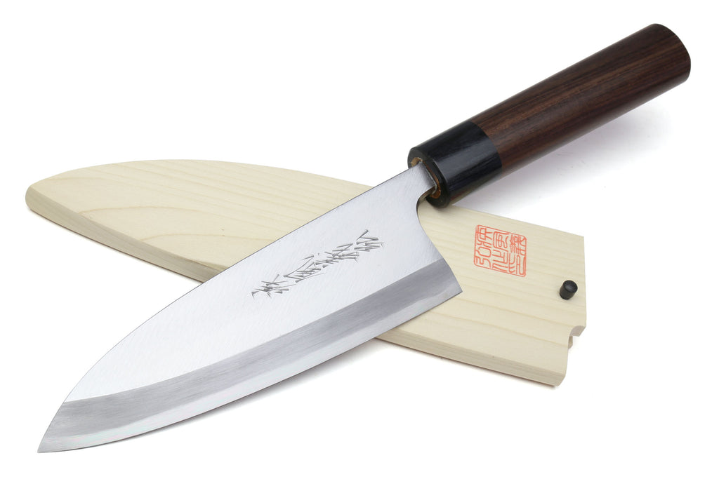 Left-handed deba fish fillet knife with white steel blade and shitan handle