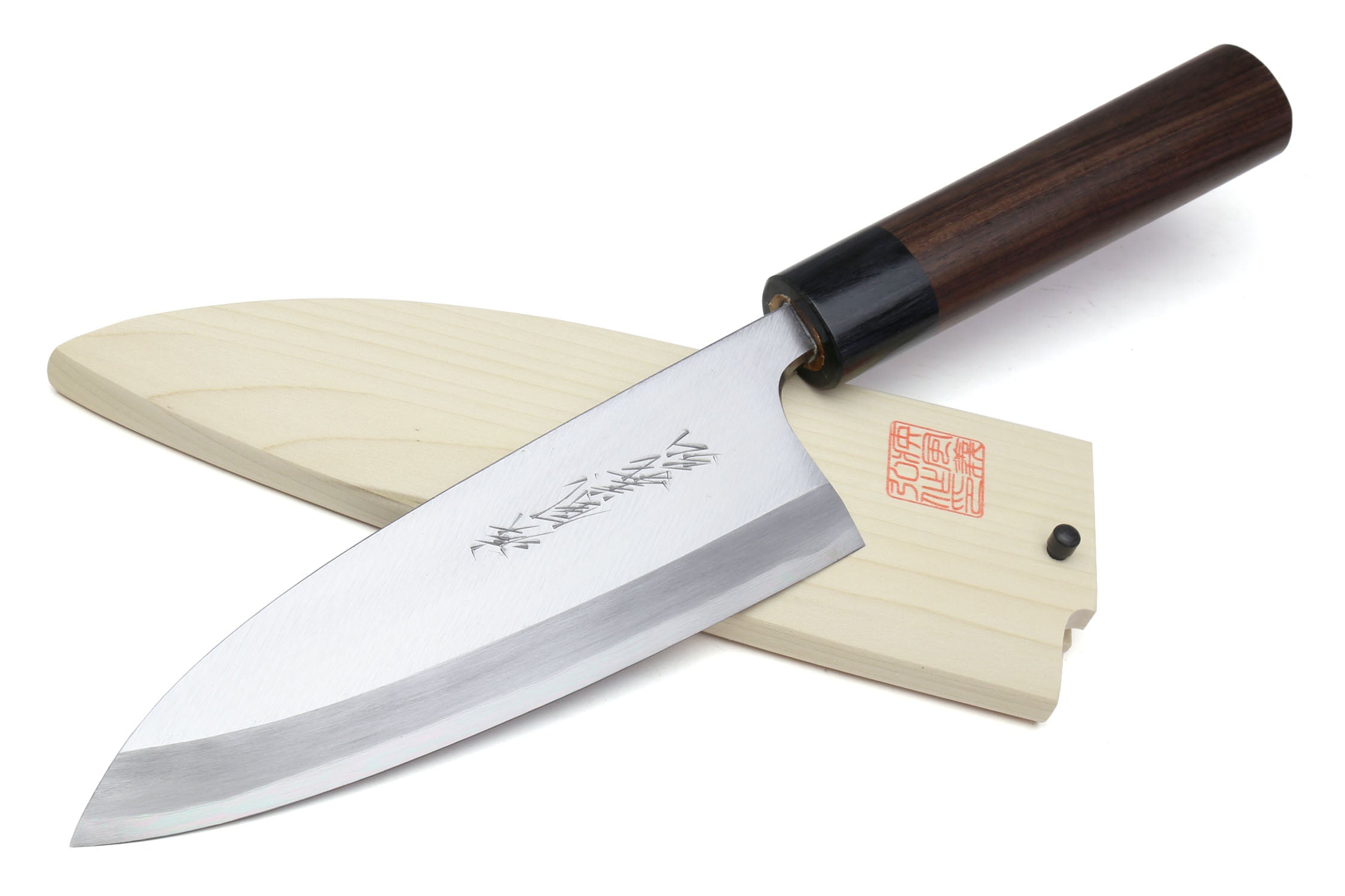 Left-handed deba fish fillet knife with white steel blade and shitan handle