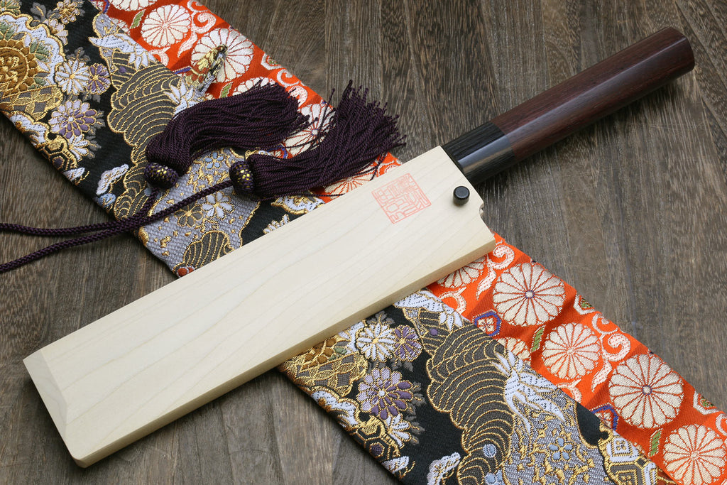 Vegetable knife in light wood saya, with dark shitan handle and tassel cord