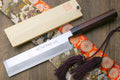 White steel vegetable knife with light wood saya and purple tassel cord