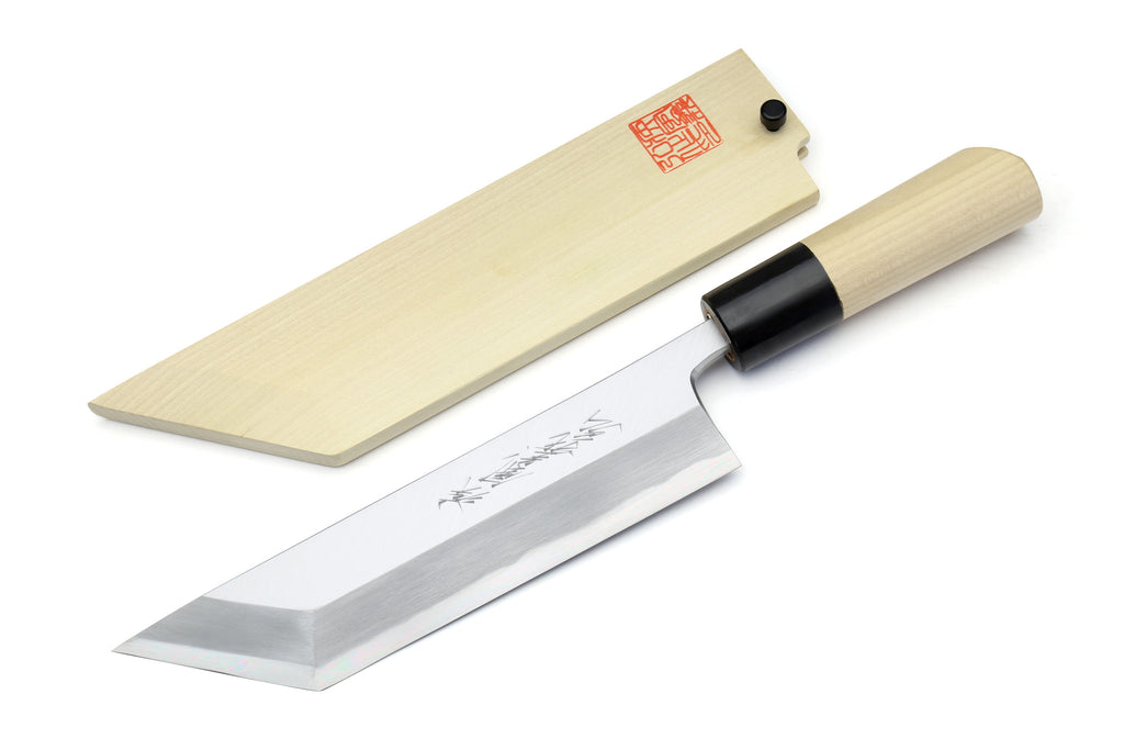 Filet knife with light wood handle and blade, plus matching blade cover