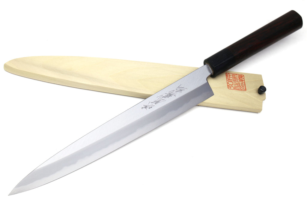 Japanese sashimi knife with white steel Yanagi blade and dark Shitan handle