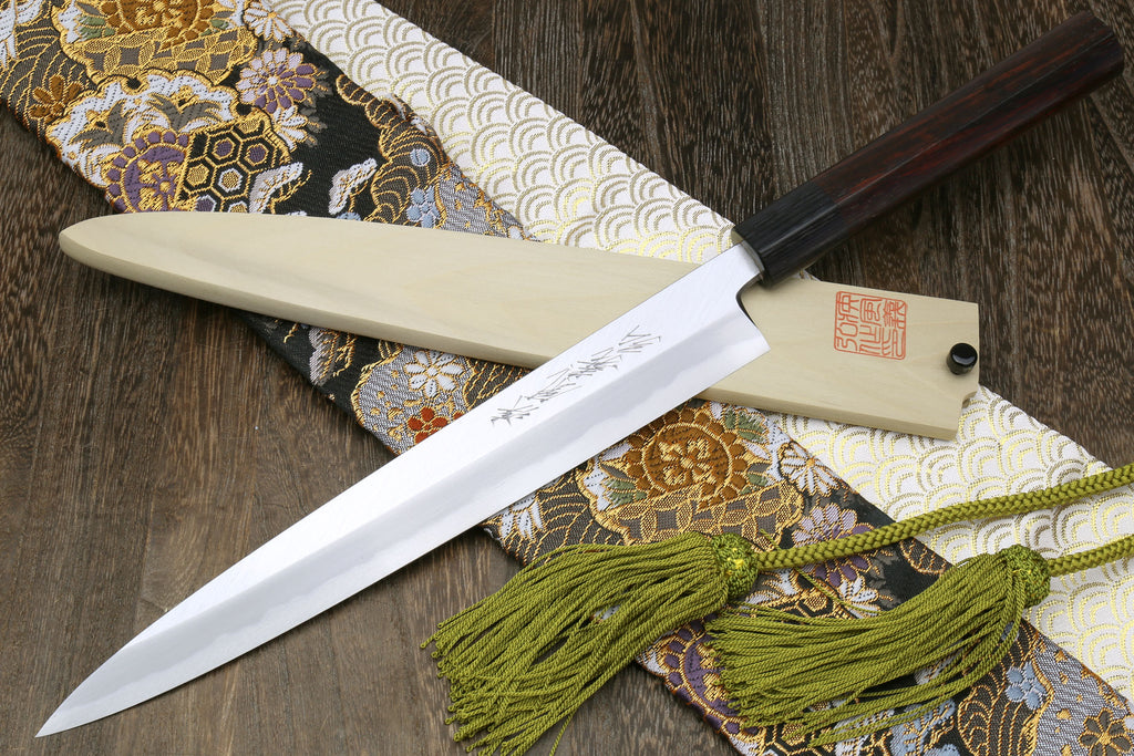 Yanagi sushi sashimi knife with white steel blade and dark Shitan handle