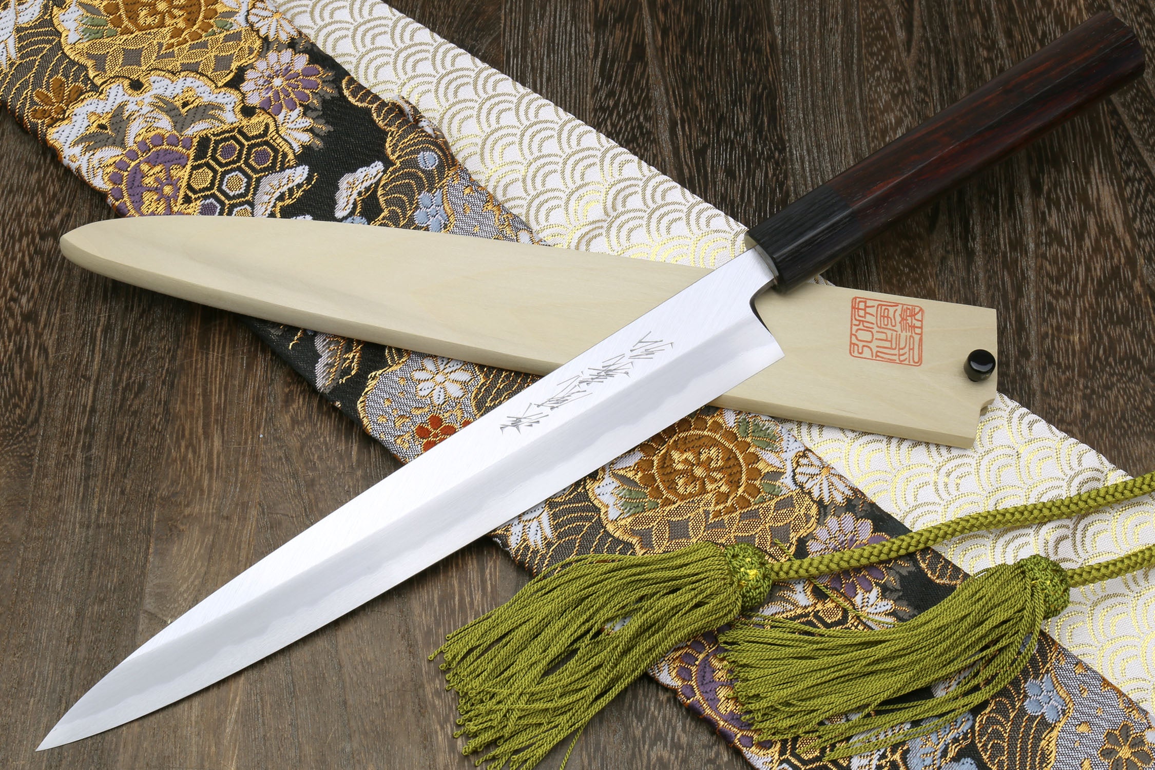 Yanagi sushi sashimi knife with white steel blade and dark Shitan handle