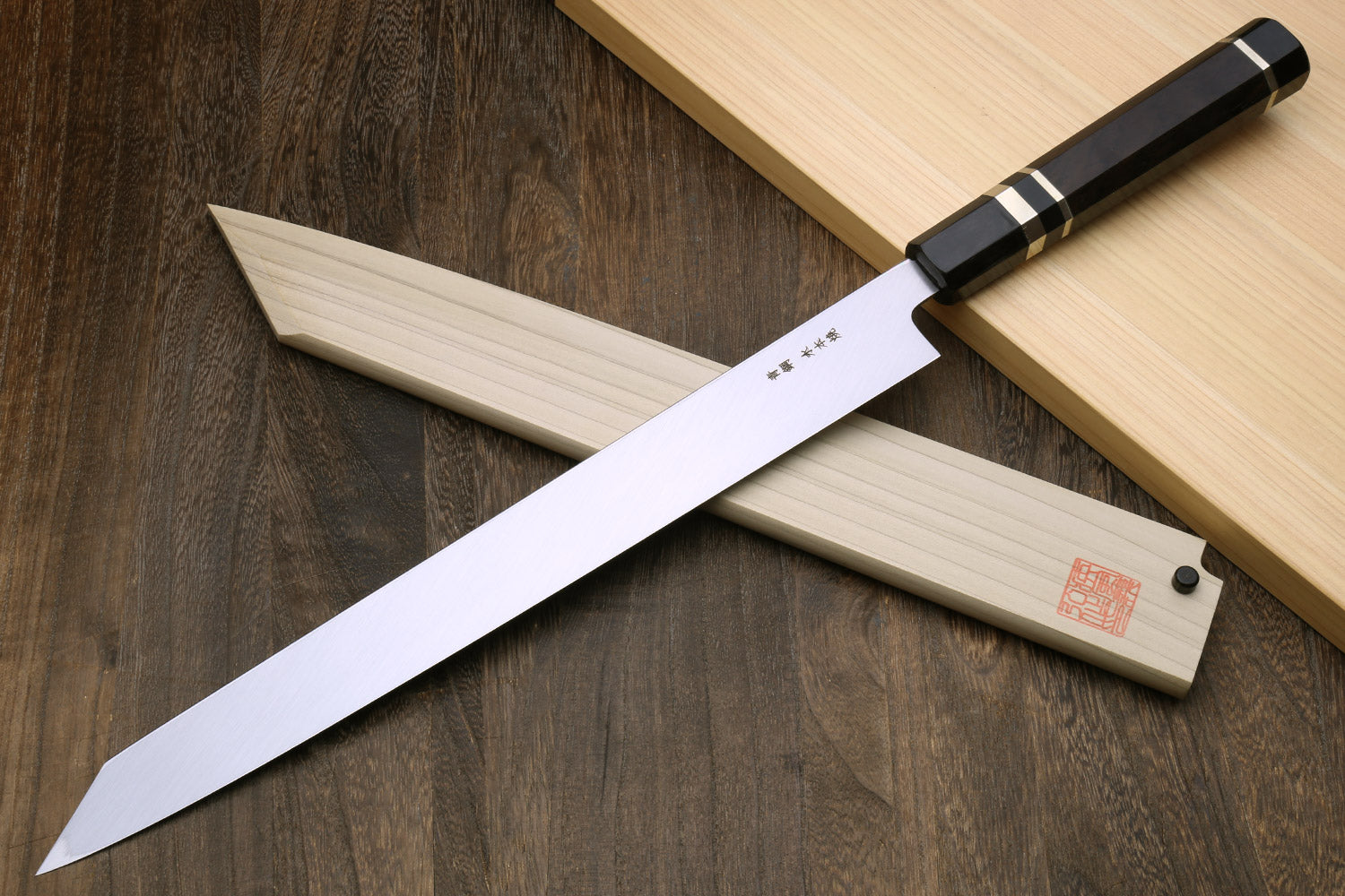 Yanagi-kiritsuke sushi knife with mirror-finished blue steel blade
