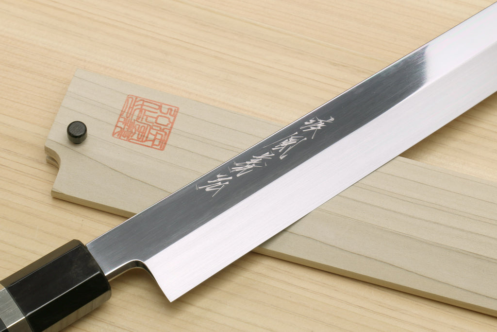 Yanagi-kiritsuke sushi knife with ebony handle and mirror-finished blue steel blade
