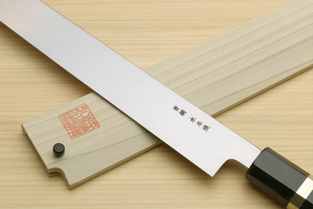 Yanagi-kiritsuke knife blade with mirror finish and ebony handle