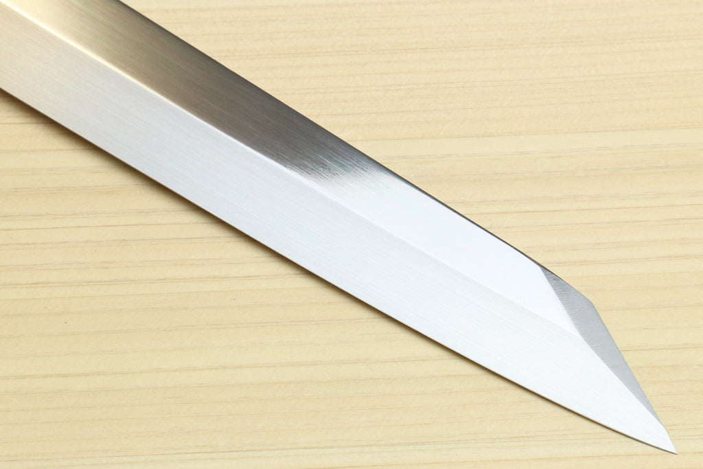 Yanagi-kiritsuke knife blade with mirror-finished blue steel edge