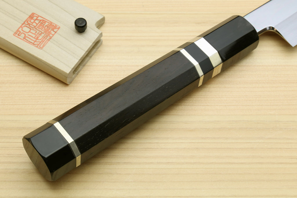 Yanagi-kiritsuke knife with ebony handle, sterling silver ring, and mirror blade