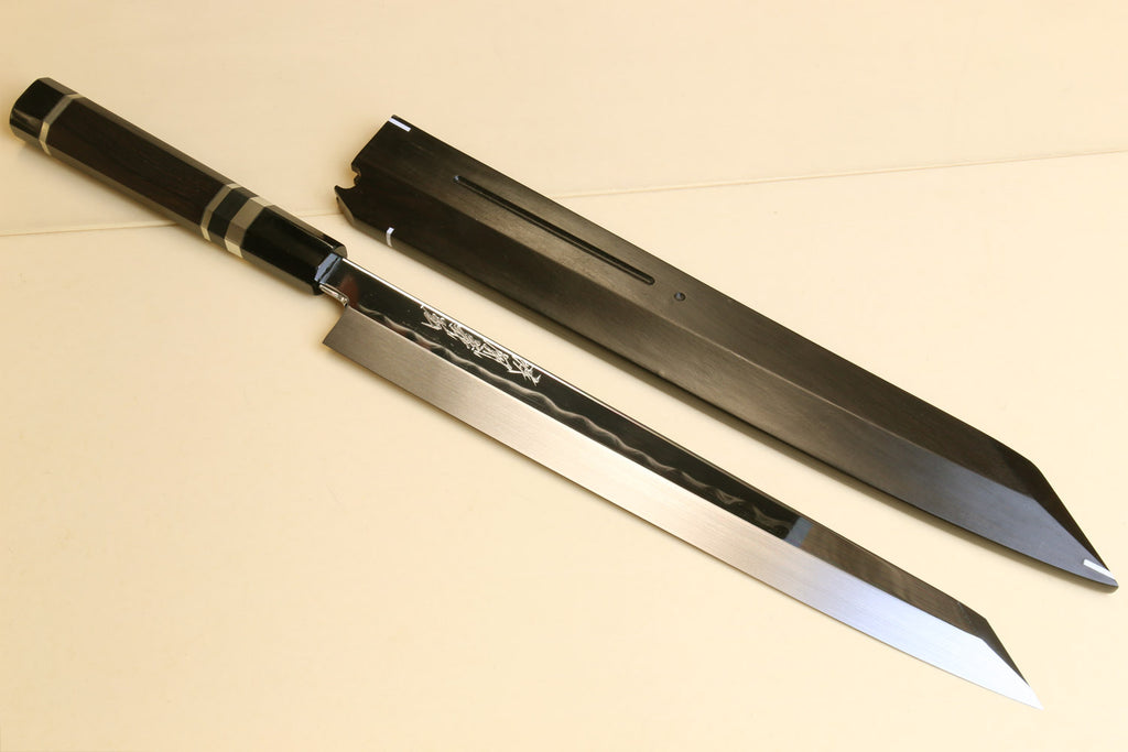 Pair of Japanese yanagi knives with silver steel blades and dark wooden saya