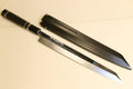 Pair of Japanese yanagi knives with silver steel blades and dark wooden saya
