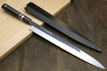 Sushi sashimi knife set with mirror blade, dark handle, and matching saya