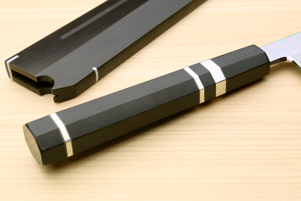Japanese sushi knife with dark handle, silver ring accents, and matching saya