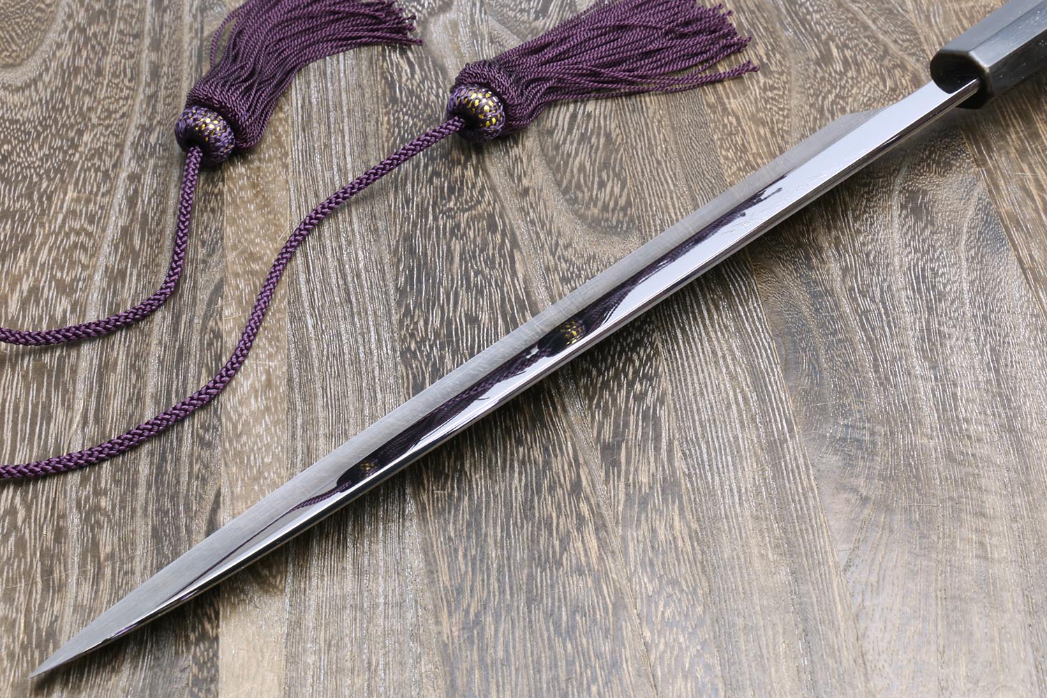 Yanagi knife, mirror-finished white steel blade, purple cord and dark handle