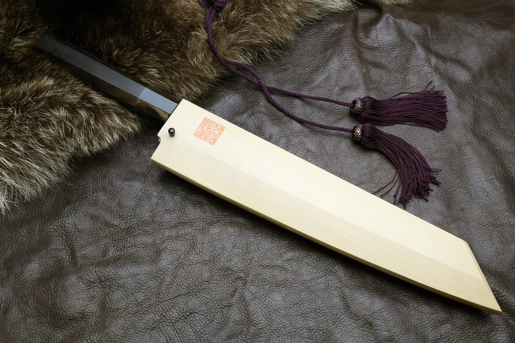 Kiritsuke knife with light wooden saya and mirror-polished steel blade