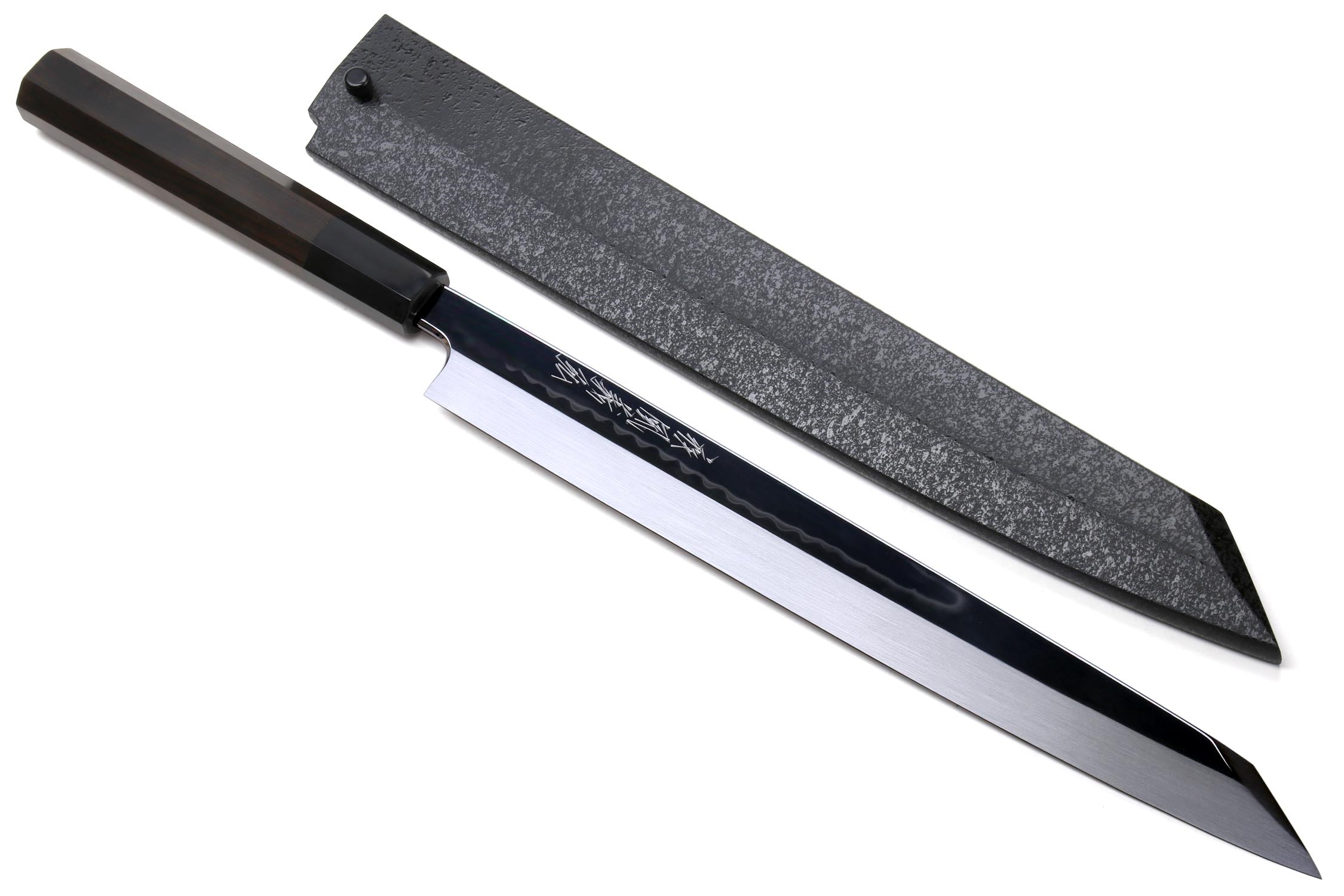 Japanese yanagiba knife with mirror-finished steel blade and dark ebony handle