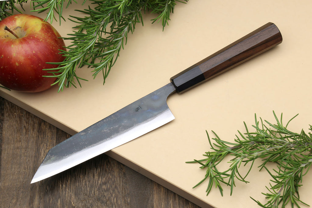 Petty kiritsuke utility knife with kurouchi-finished blade and dark shitan handle