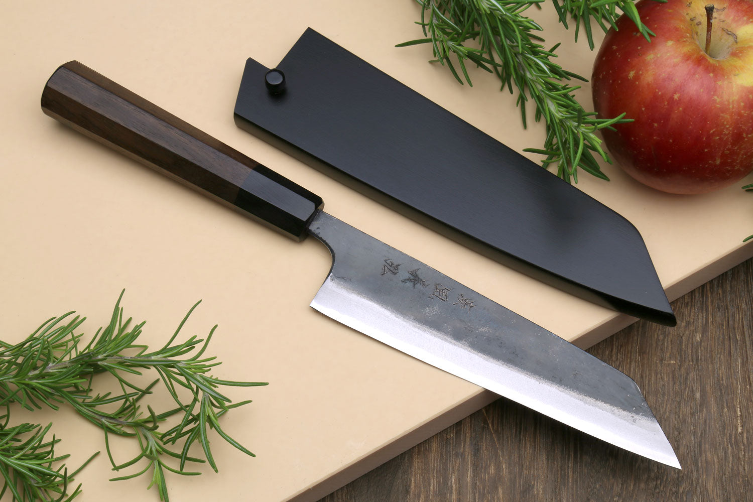 Petty kiritsuke utility knife with kurouchi dark blade and shitan handle