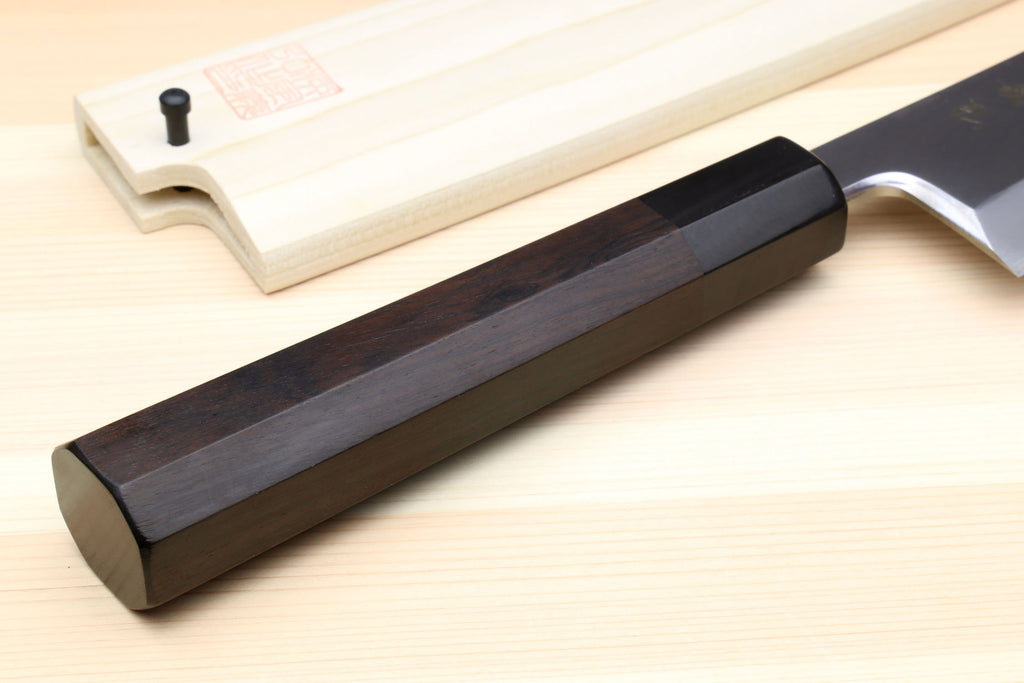 Japanese fish filet knife with ebony handle, silver blade and light wood sheath