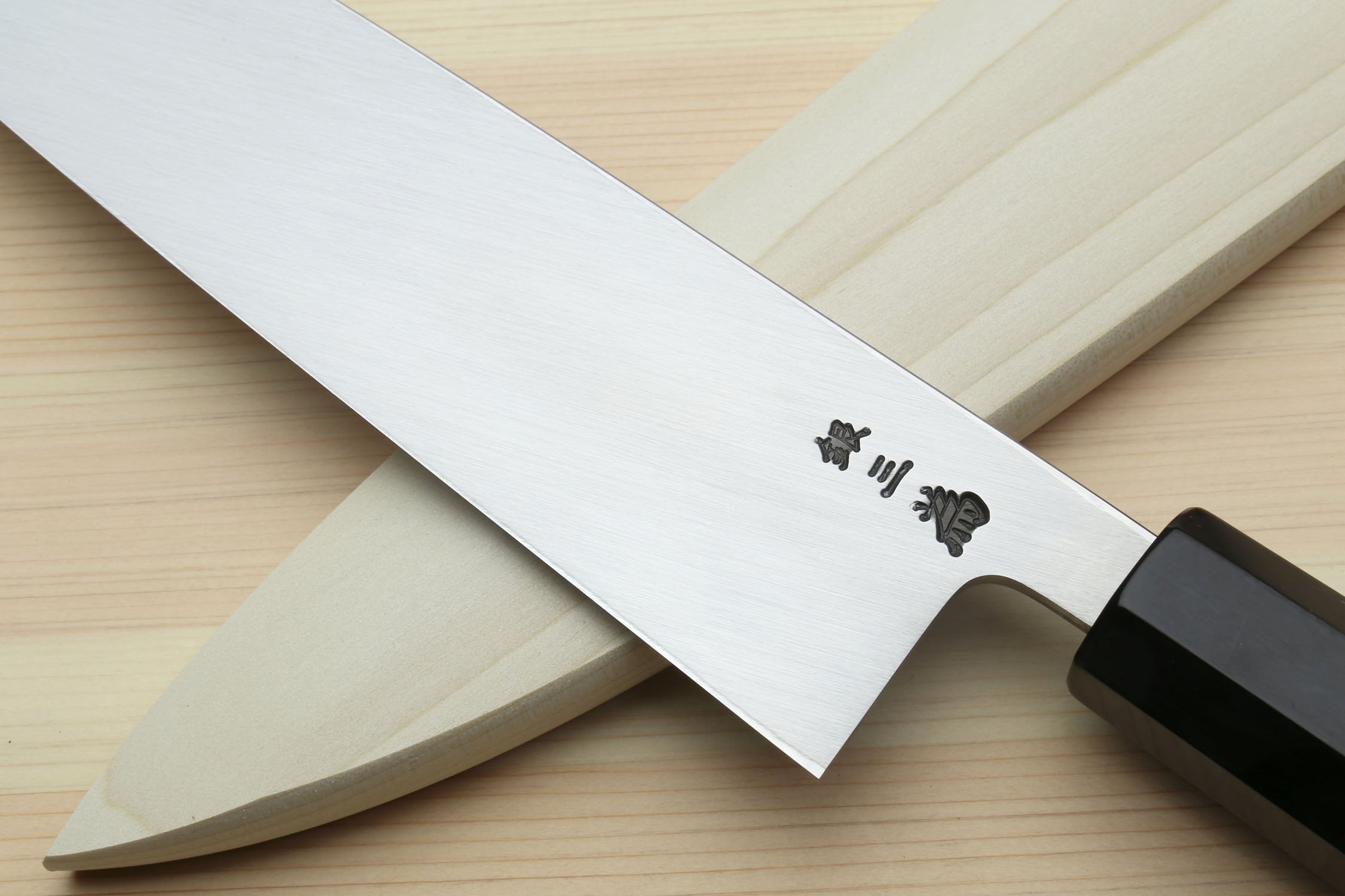 Japanese fish filet knife with dark handle and silver blade, close view near tip