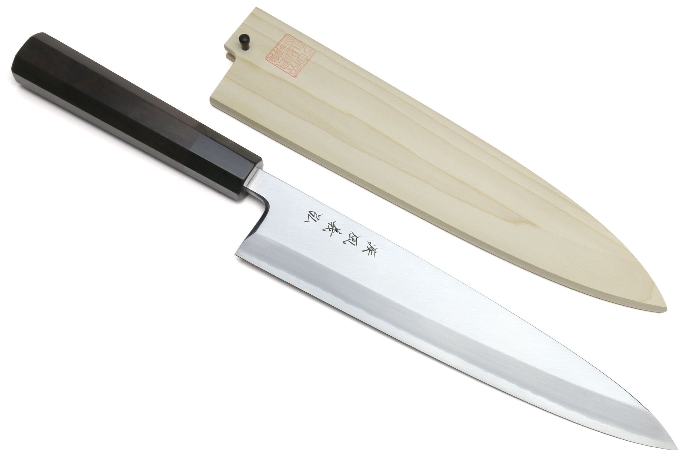 Japanese fish filet knife with ebony handle and silver blade, includes light wood sheath