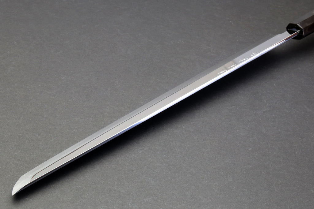 Sakimaru sushi knife with long polished blade and pointed tip