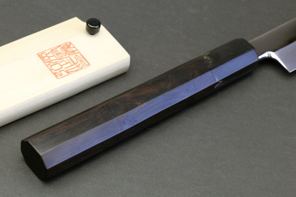 Sakimaru sushi knife with dark ebony handle and blue steel blade band