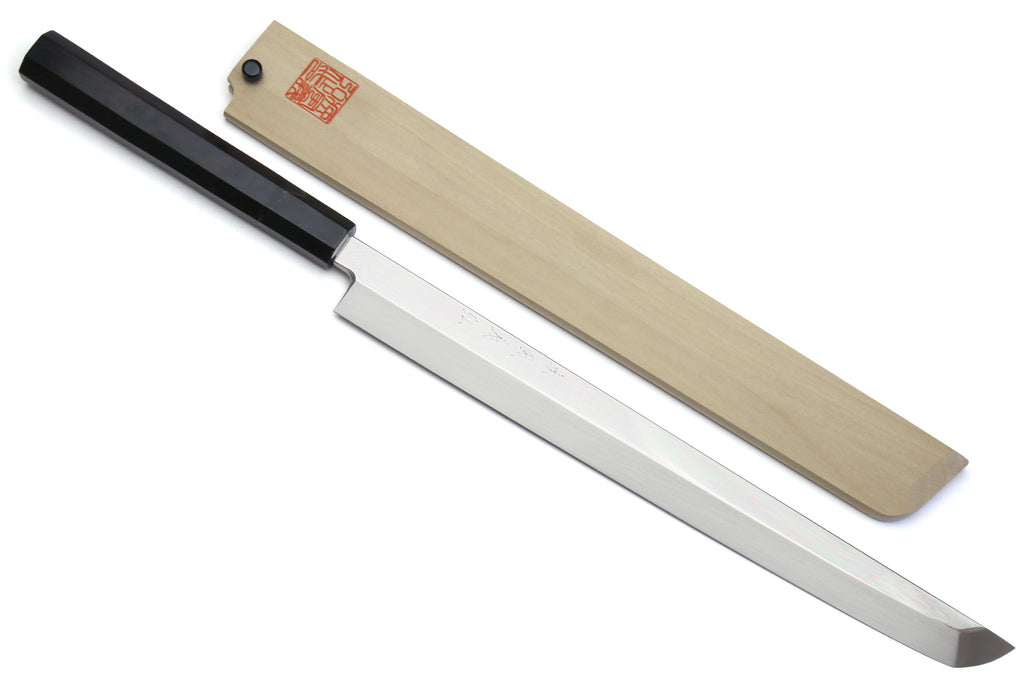 Japanese sushi knife, polished silver blade with pointed tip and dark handle