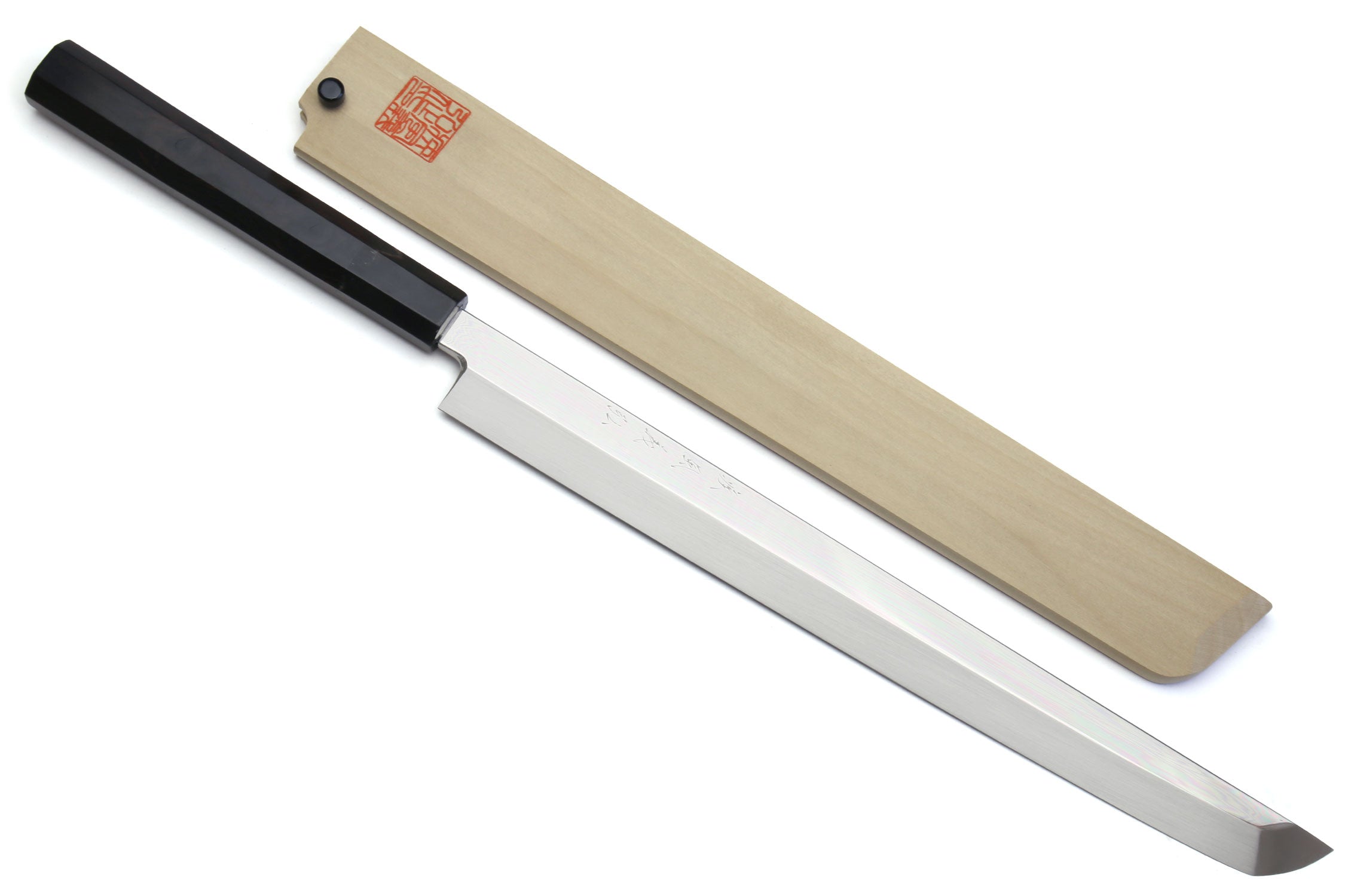 Japanese sushi knife, polished silver blade with pointed tip and dark handle