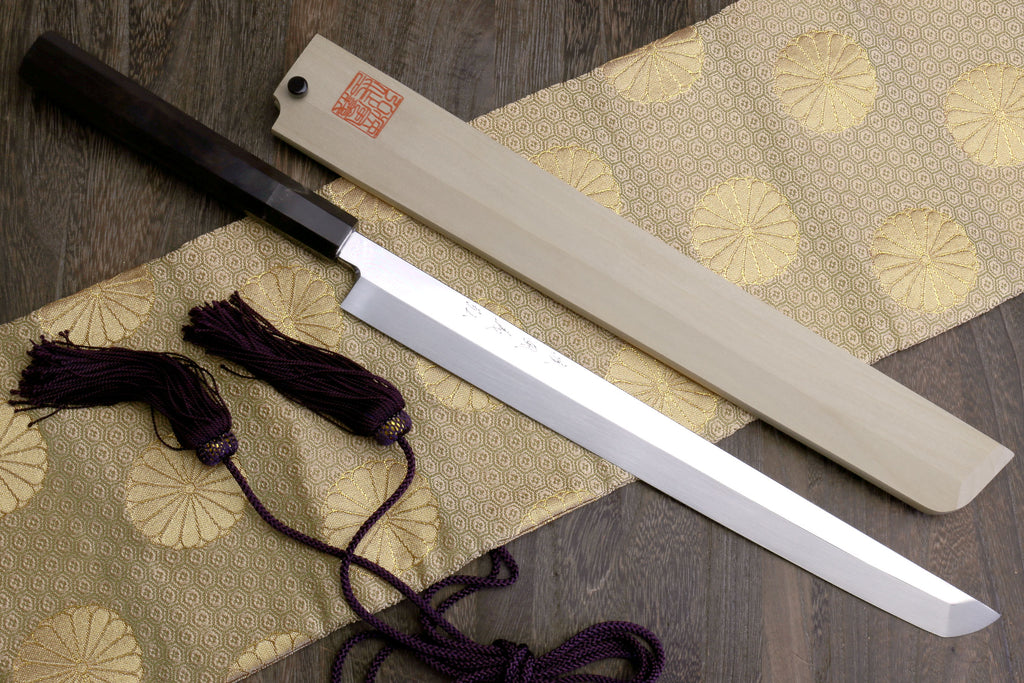 Sakimaru sushi knife with mirror-polished steel blade and ebony handle