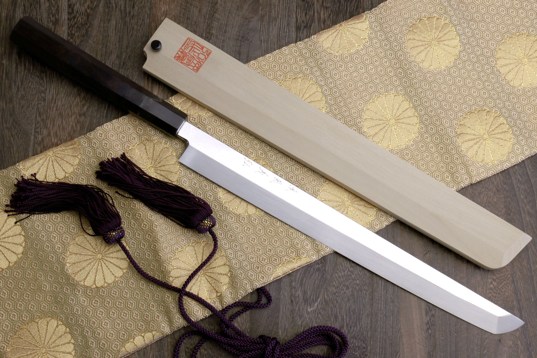 Sakimaru sushi knife with mirror-polished steel blade and ebony handle