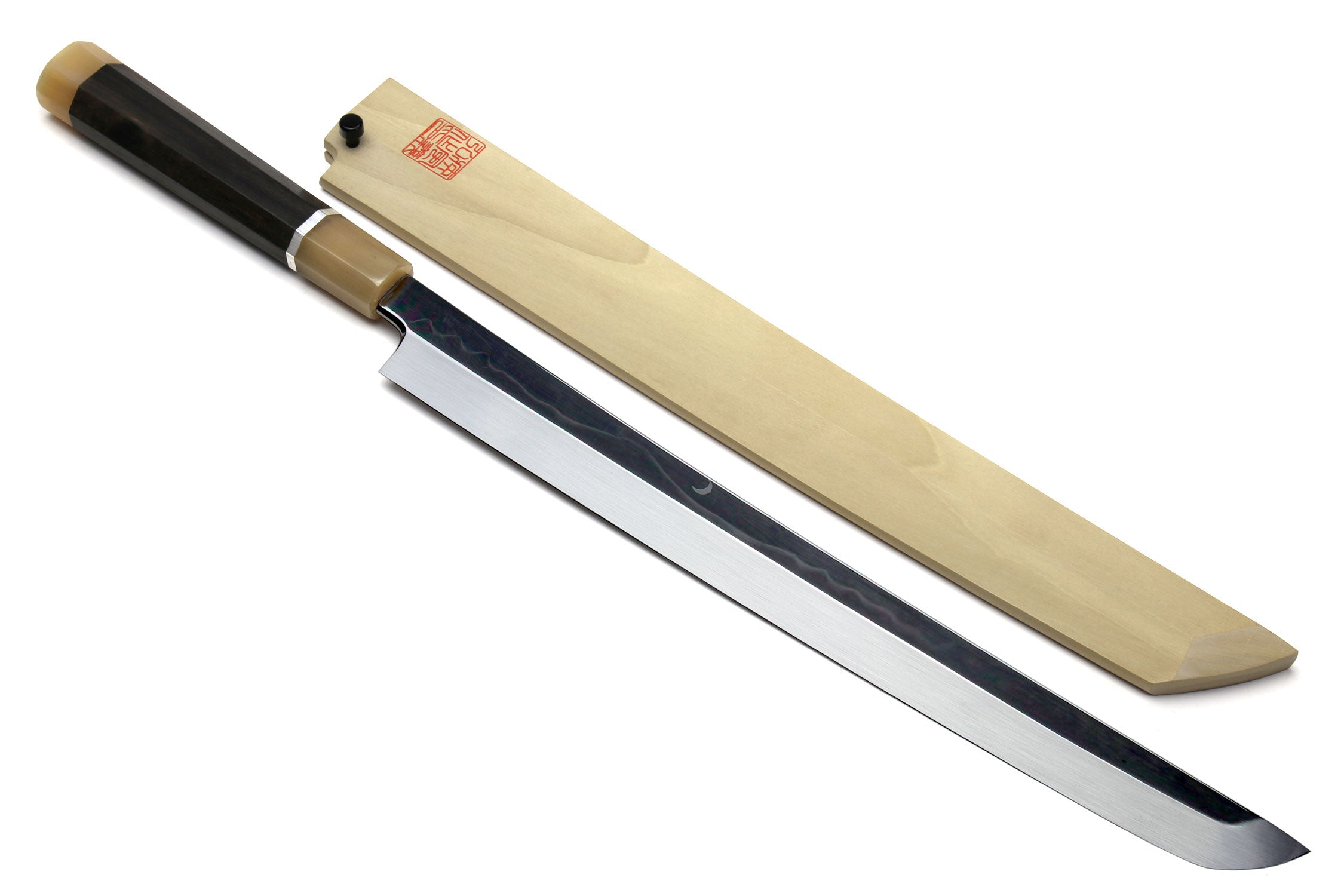 Japanese knife in pale sheath with mirror-finished silver blade and dark handle