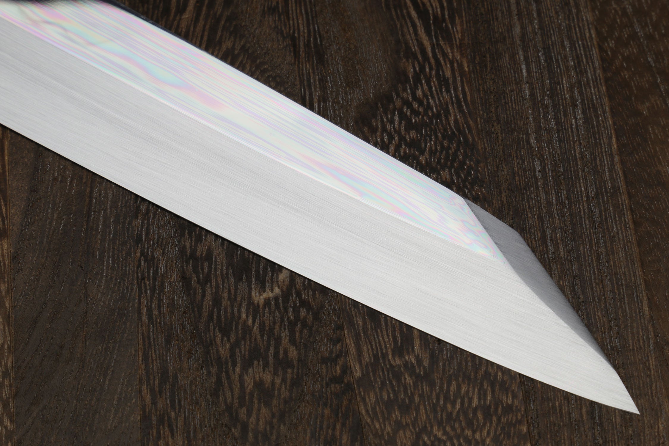 Yanagi kiritsuke knife blade with mirror-finished light steel and pointed tip